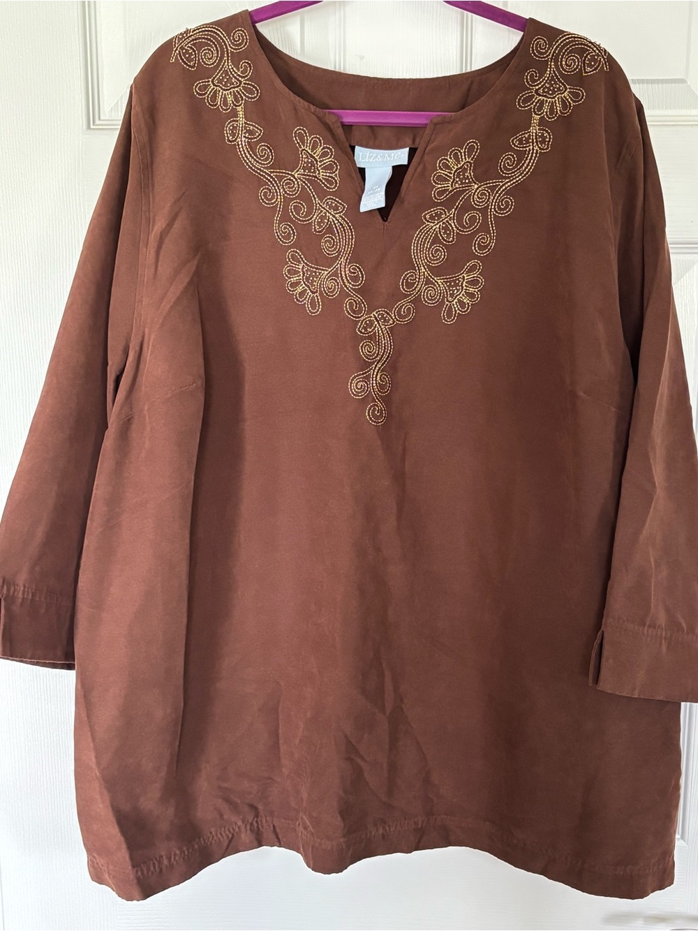 Liz & Me Brown Tunic with Gold Embroidered V-Neck